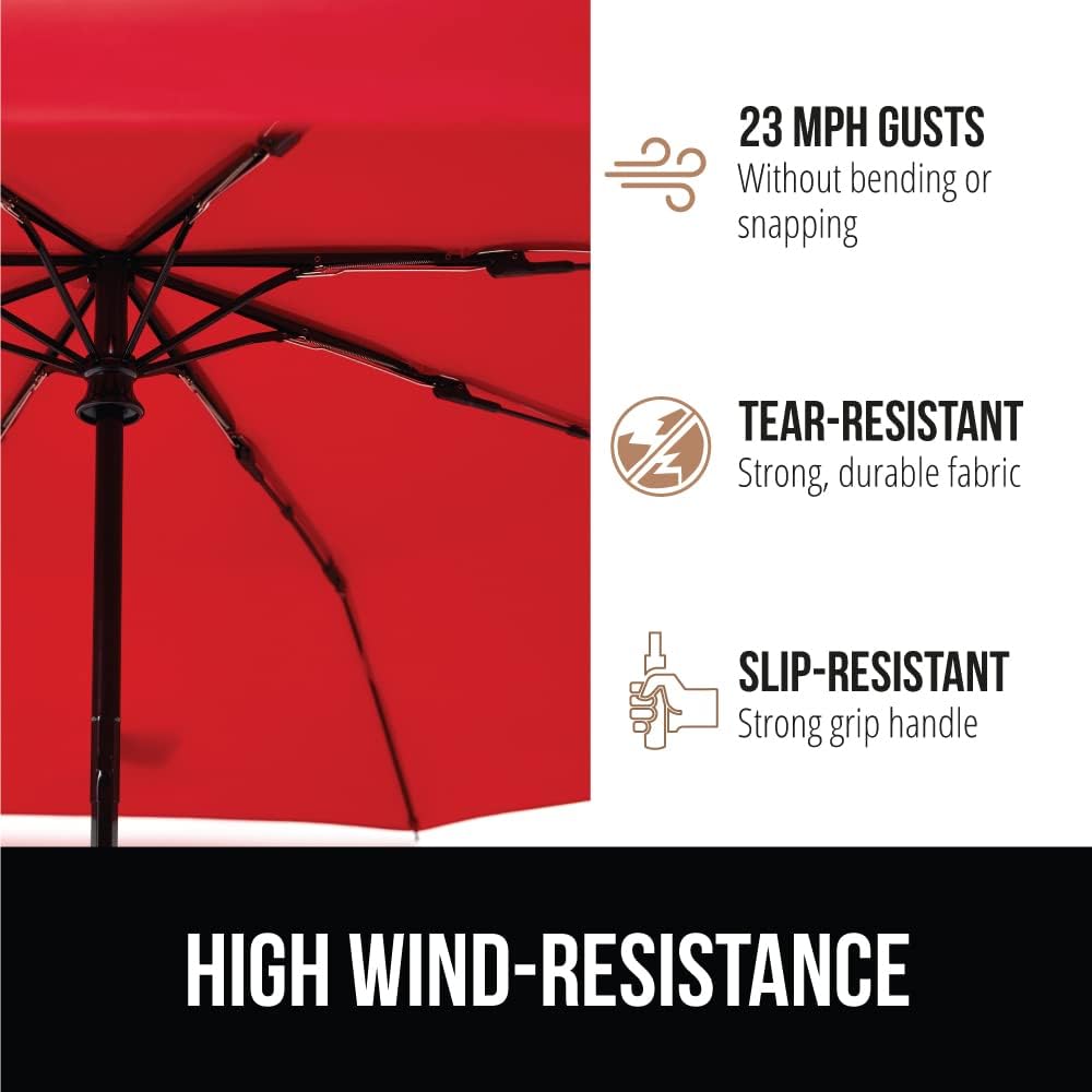 GORILLA GRIP Strong Stick Umbrella for Rain, Compact Travel One-Click Automatic Open Close, Lightweight, Portable, US Designed Reinforced Fiberglass Ribs, Wind Resistant, Easy Collapse, Red