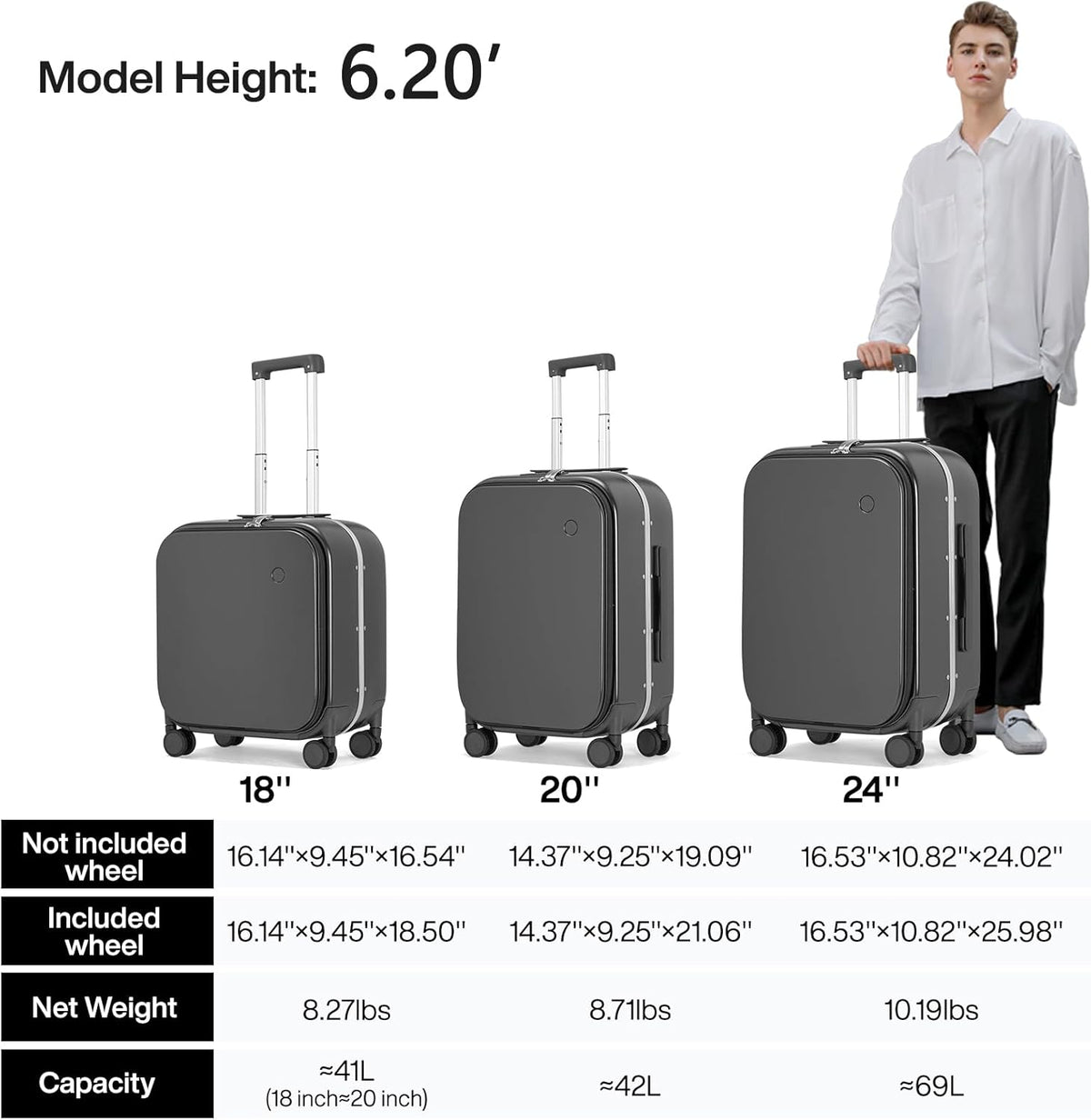 mixi Carry On Luggage, 20'' Suitcase with Front Laptop Pocket, Travel Rolling Luggage Aluminum Frame PC Hardside with Spinner Wheels & TSA Lock and Cover - Rock Gray