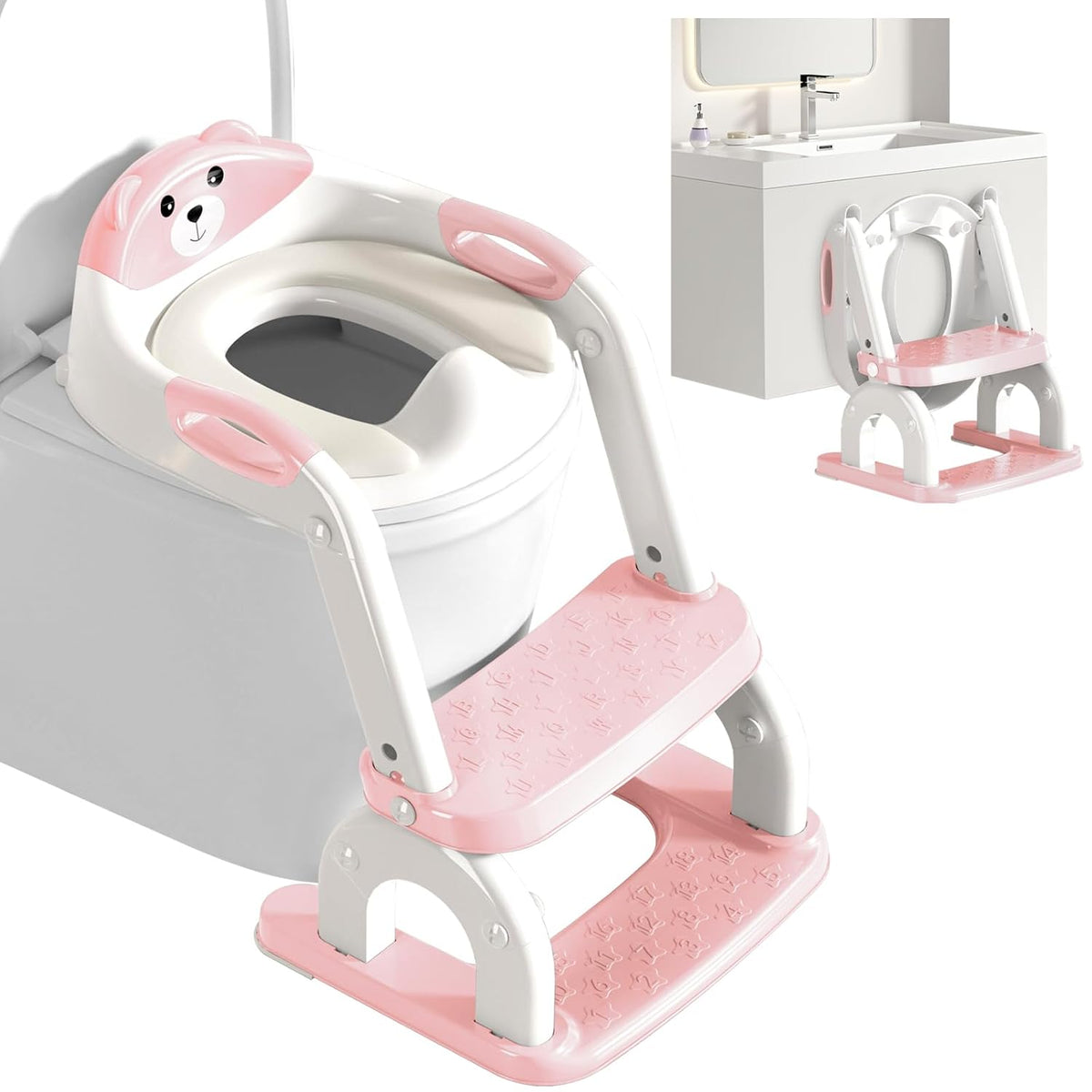 Potty Training Seat for Toddlers - Upgrade 2-in-1 Toilet Seat Toilet Ladder for Kids Children Boys Girls, Anti-Slip Pad & Adjustable Height with Waterproof PVC Cushion - Pink