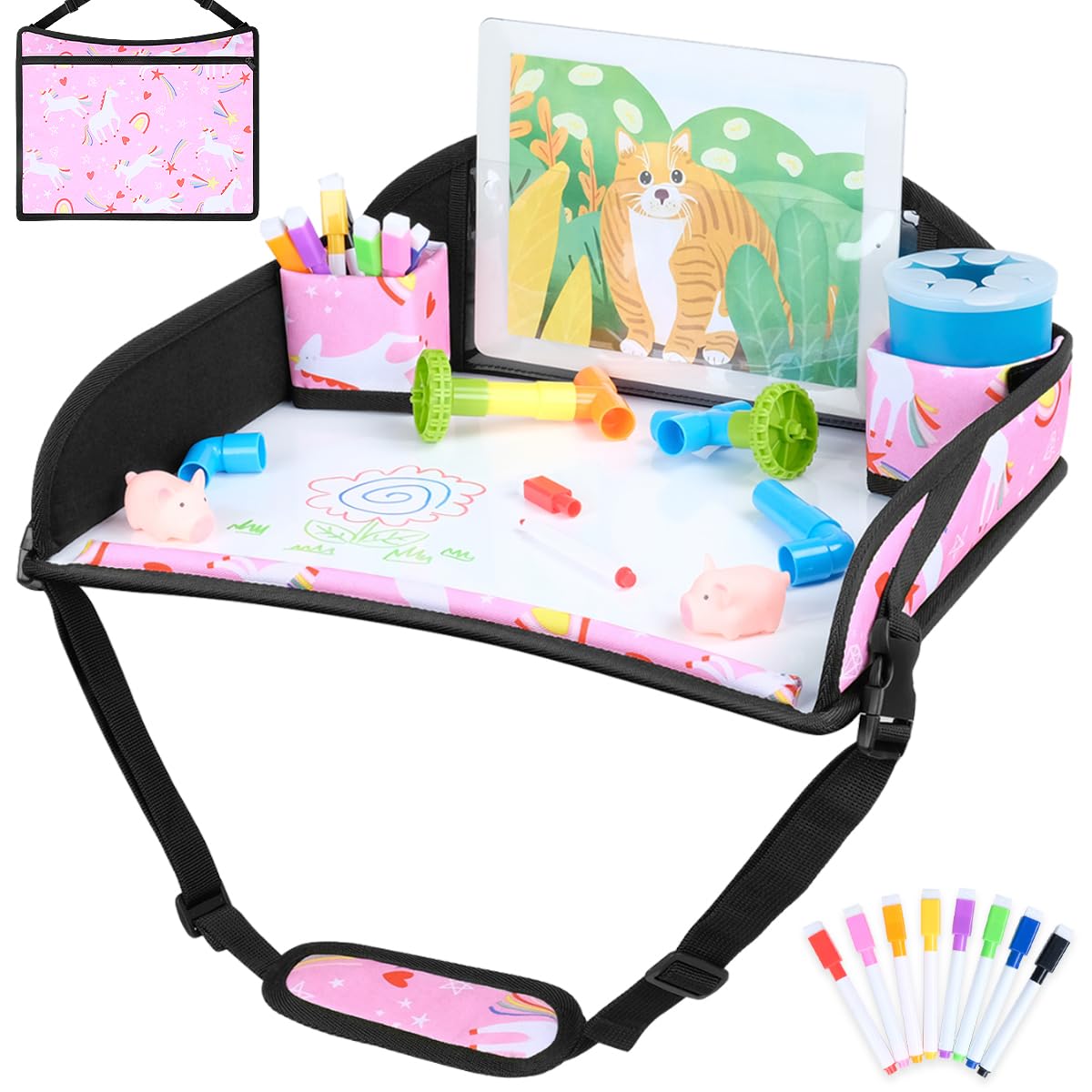 COOLBEBE Kids Travel Tray for Toddler Car Seat, Travel Tray for Airplane, Toddler Car Seat Lap Tray, Carseat Table Tray for Kids Travel Activities (Pink Unicorn)