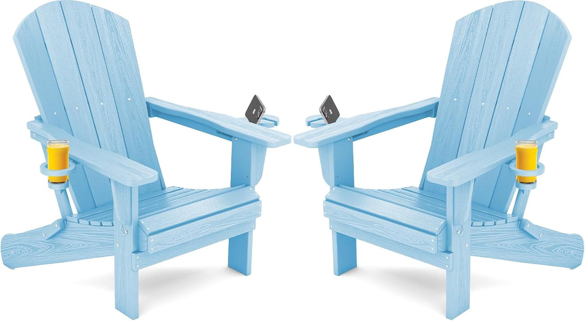 SERWALL Adirondack Chair with Cup Holders - Composite Adirondack Chairs HDPE Outdoor Chairs Set of 2 All Weather Use- Light Blue