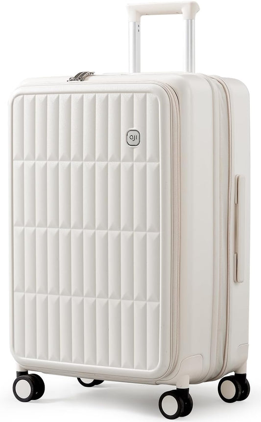 aji Expandable Top Open 24 Inch Checked Luggage with Spinner Wheels, Large Suitcase with TSA Lock, Hardside Travel Luggage Suitcases for Men Women, for 14+Days Travel, Coconut White