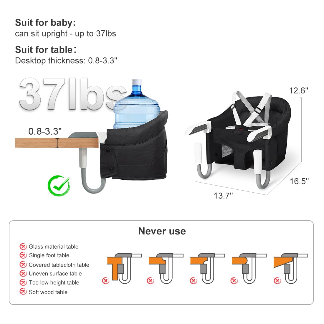MTWML Hook On High Chair with Tray,Portable Baby High Chair That Attaches to Table,Clip On Fast Table High Chair for Babies and Toddlers.Baby Feeding Seat for Dining Table and Counter (Pure-Black)