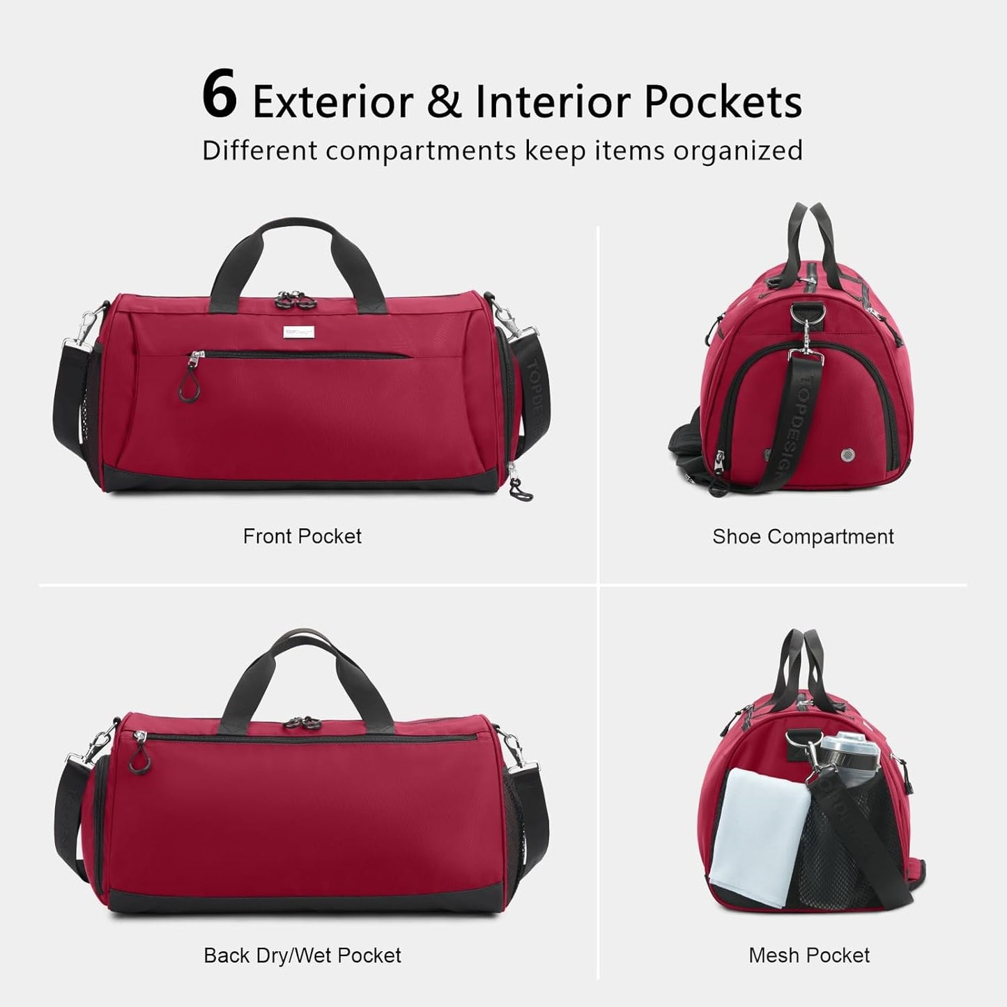 TOPDesign Gym Bag for Women & Men, Unisex Duffel Bag with Shoe Compartment & Wet Pocket for Travel Sports Gym (L Red)
