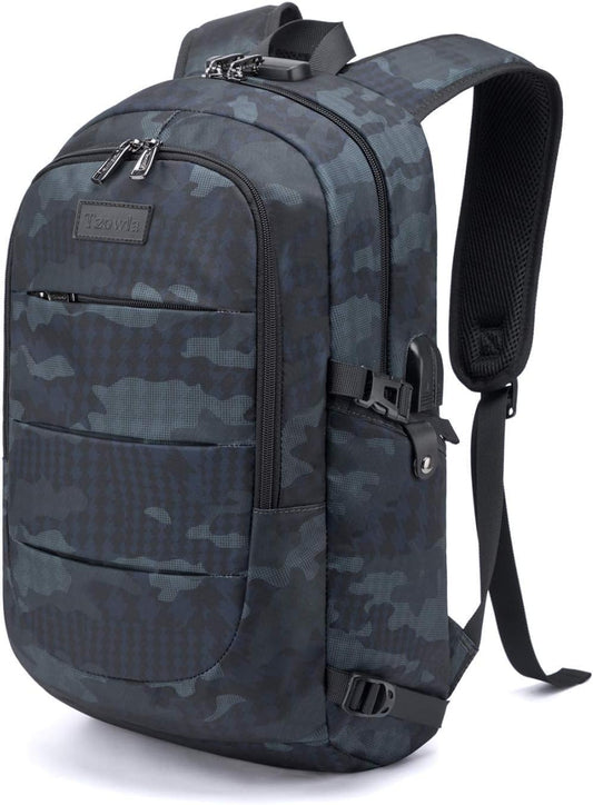Tzowla Business Laptop Backpack Water Resistant Anti-Theft Backpack with USB Charging Port and Lock 17.3 Inch Computer Backpacks for Women Men, Casual Hiking Travel Daypack (Navy Blue Camo)