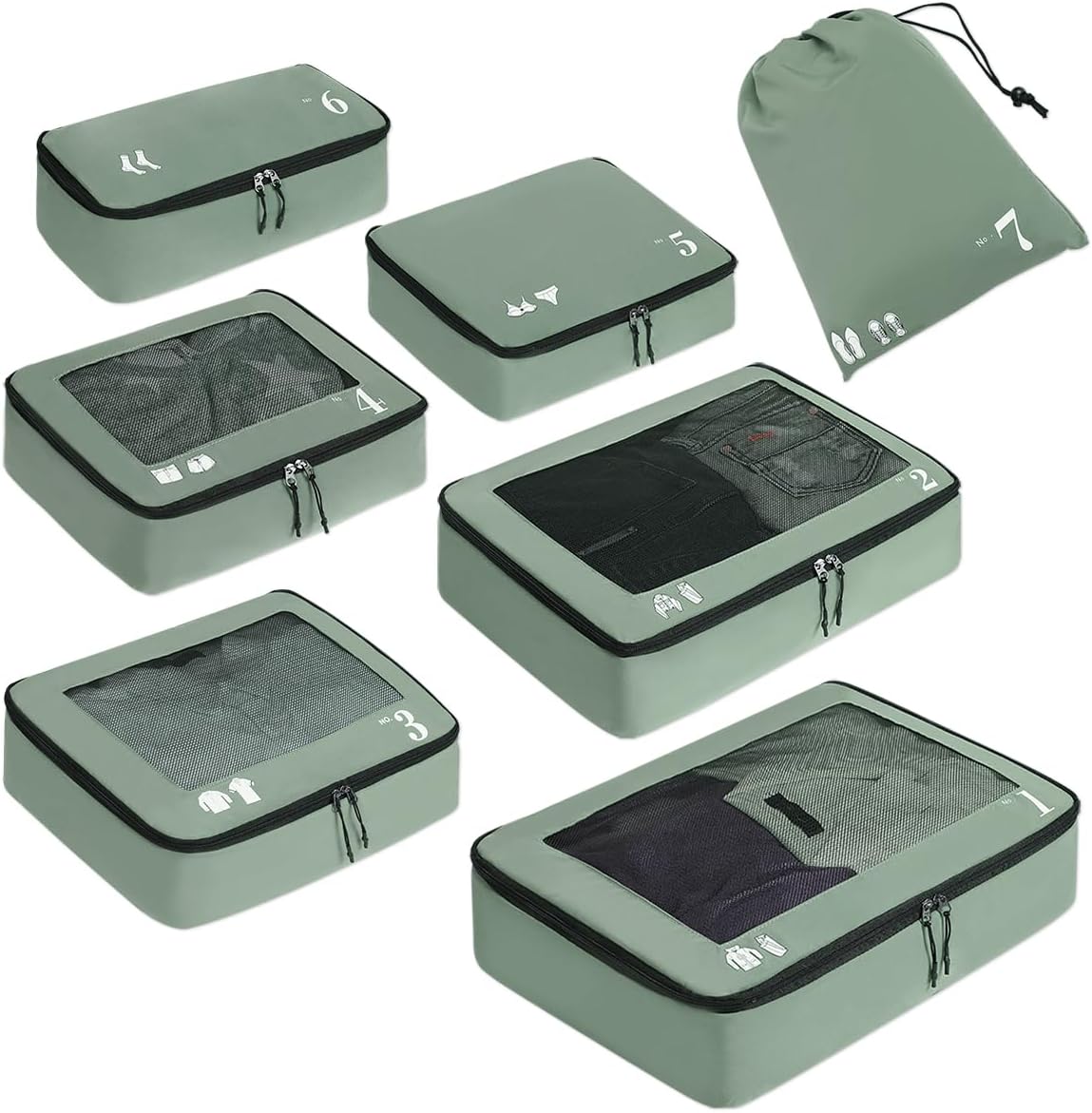 ECOHUB 7 Set Packing Cubes Tear-Resistant Luggage Packing Organizers with Number Icon for Travel Accessories Luggage Suitcase Machine Washable Packing Cubes (Green)