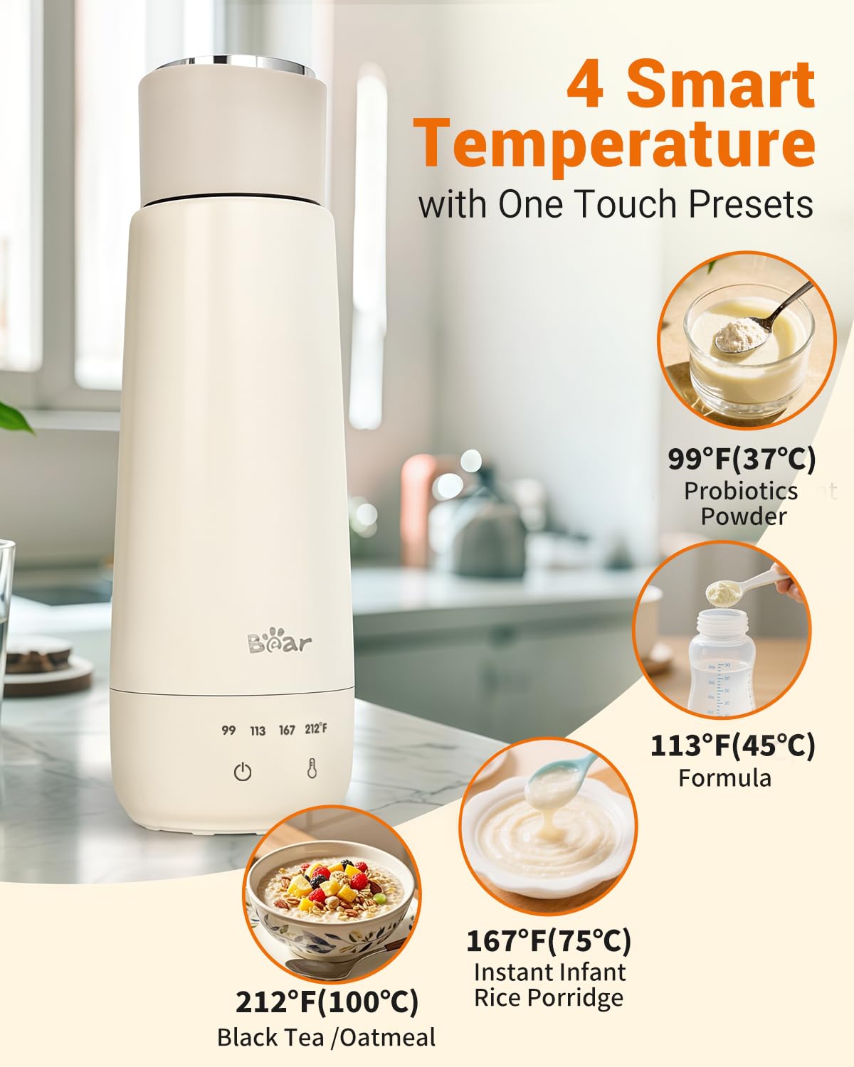 Bear Milk Warmer, Fast Water Warmer for Baby Formula with 10 Oz Large Capacity, Accurate 4 Temp Setting and Automaticlly Keep Warm, Portable Bottle Warmer(No Battery, 110V Only)