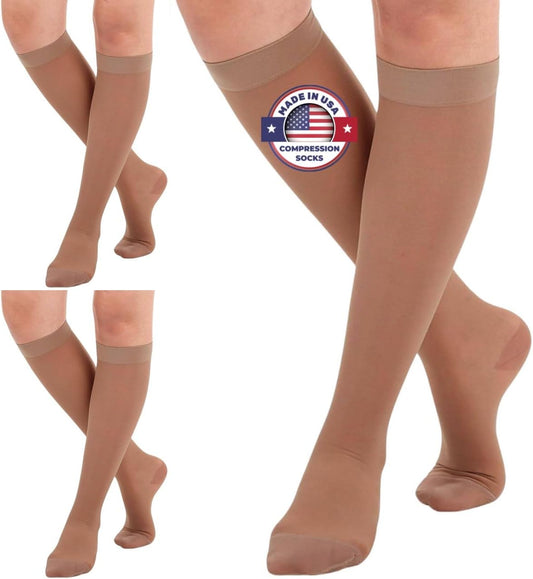 (3 Pairs - Closed Toe) Made in USA - Compression Stockings for Women 15-20mmHg - Sheer Compression Socks for Edema, Pregnancy, Diabetic, Post Surgery Recovery - Beige, Small - A101BE1-3
