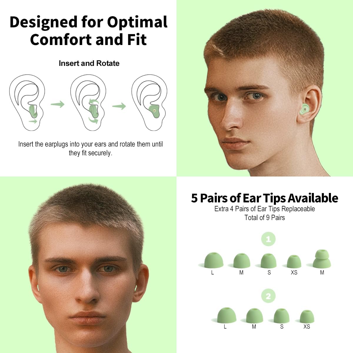 Ear Plugs for Sleeping Reusable Earplugs for Concerts Noise Cancelling Soft Silicone Noise Reduction Earbuds for Travel, Focus, Work 33-45dB Hearing Protection with 9 Ear Tips & Case (Green)