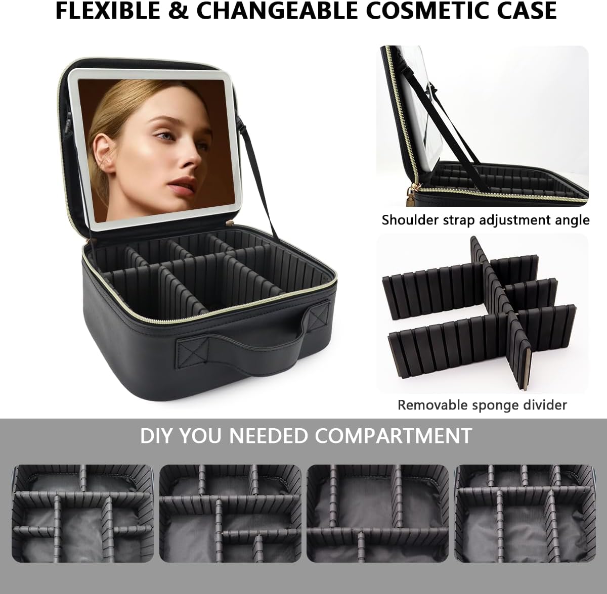 Travel Makeup Bag for Makeup Artists Large Makeup Case,with Mirror 3 Color Setting and Detachable 10x Magnifying Mirror Travel Makeup Bag,Portable Storage and Adjustable Dividers（black）