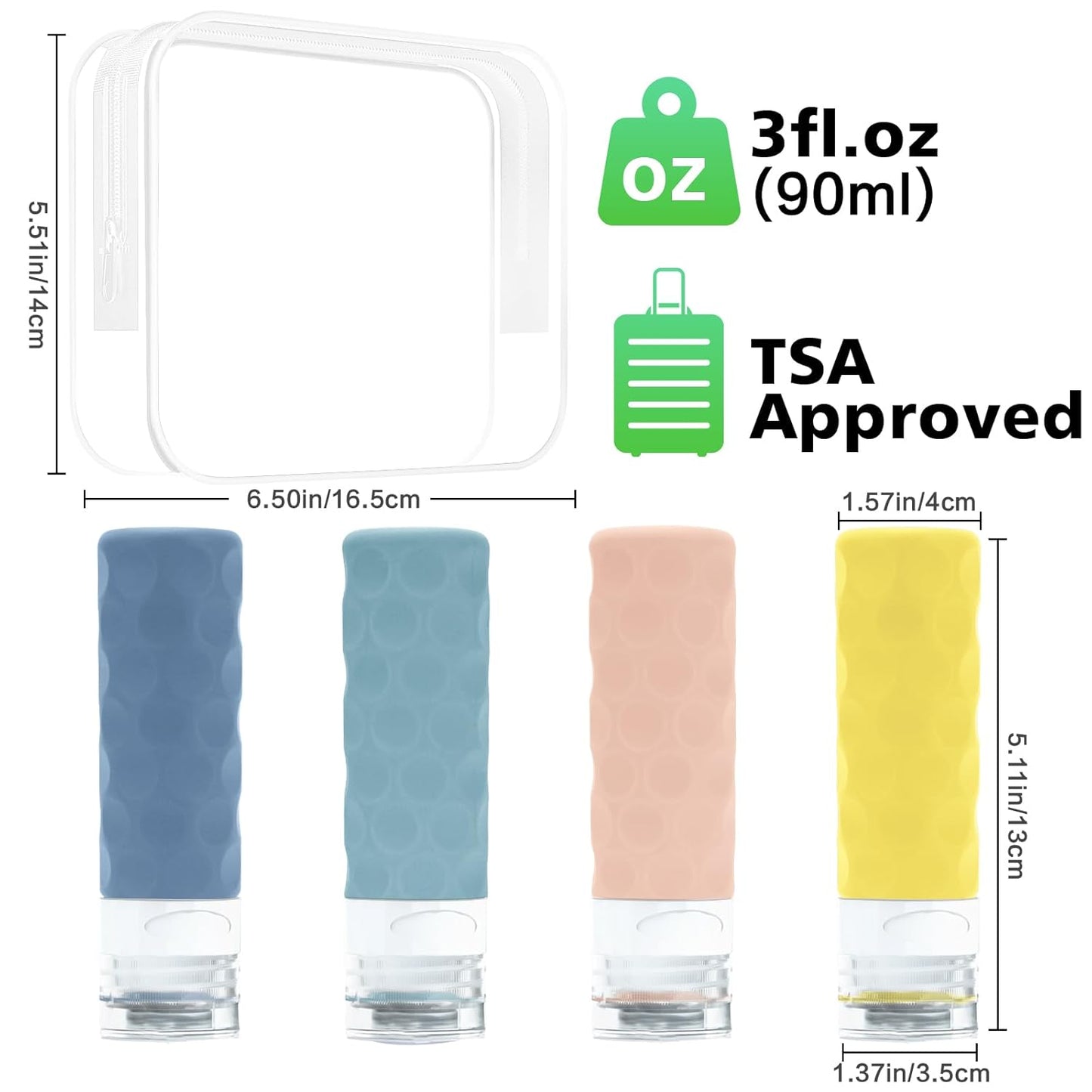 Travel Bottles for Toiletries, 4pcs Tsa Approved 3oz Travel Size Containers, BPA Free Leak Proof Premium Silicone Bottles, Refillable Liquid Squeezable Accessories W/Toiletry Bag(Bright)