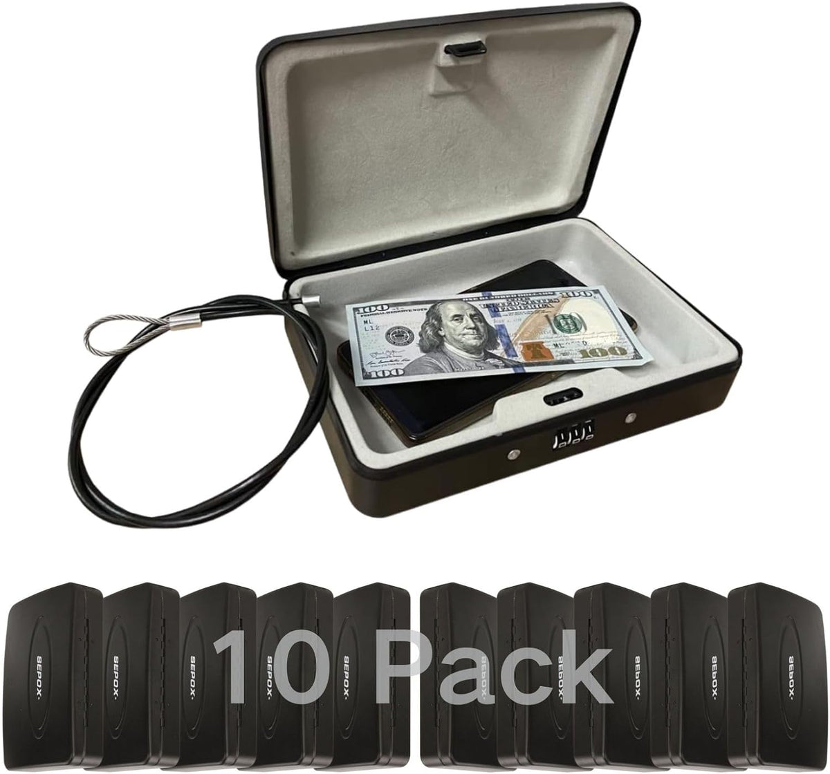 SEPOX 10Pcs Portable Security Case Lock Box Steel, Personal Travel Safe Storage Cabinet for Small Item, with 3 Ft Security Cable& Ressetable Combination Lock for Office, Car, Sports, Water Resistant