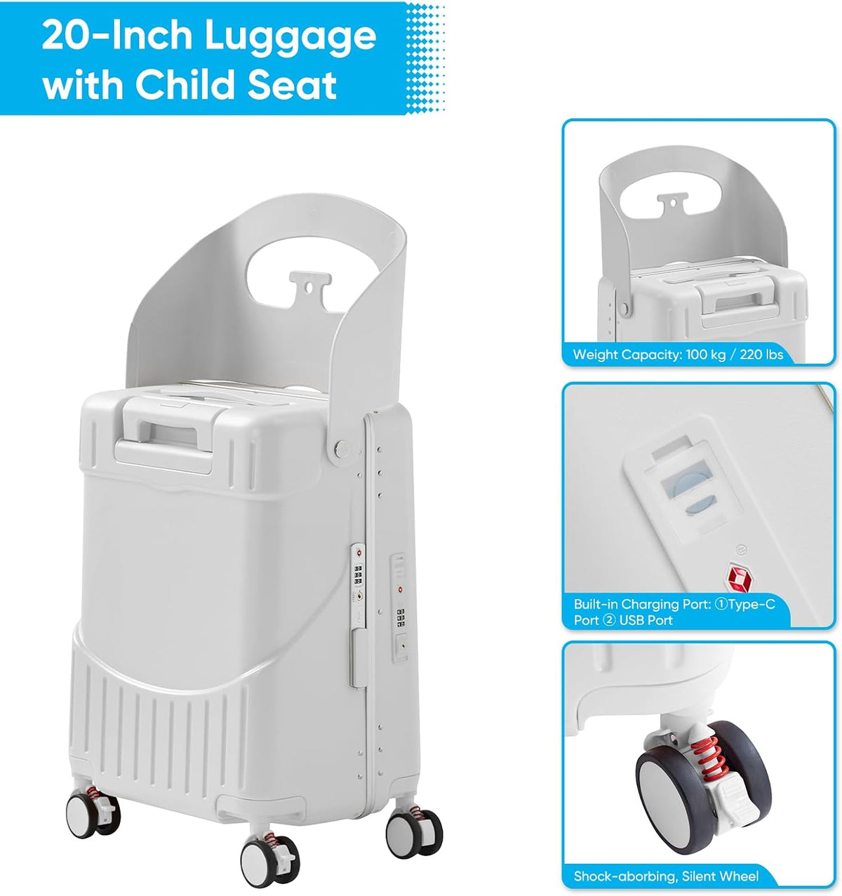 TABU 20" Ride-on Luggage with Seat，Front Opening Carry-On Hardshell Ride On Suitcase with Built-in Charging Port, 360° Lockable Spinner and TSA Lock, for Kids & Adults, White