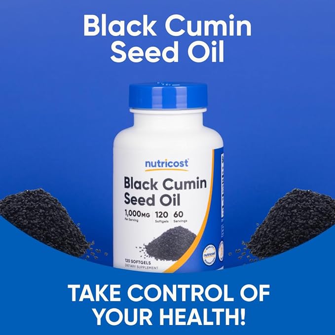Nutricost Black Seed Oil (Cumin) - Cold Pressed, Source of Omega 3 6 9-120 Softgels, 1000mg Per Serving, 60 Servings - Non-GMO and Gluten Free