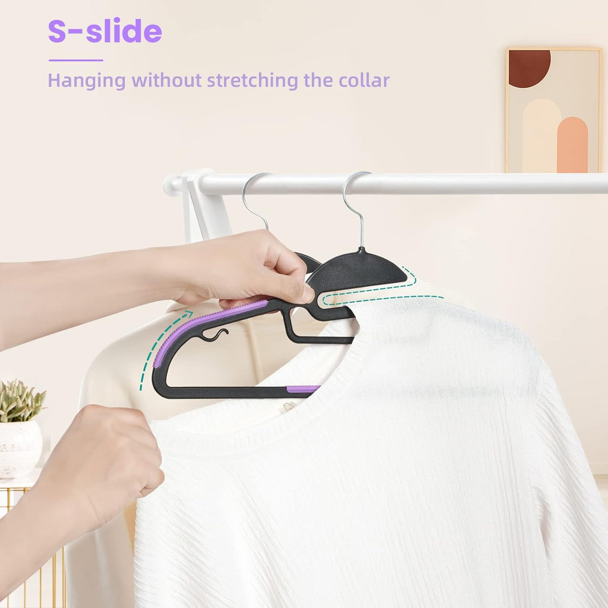 BAGAIL Plastic Hangers 50 Pack with Non-Slip Design,0.2 Inches Thick, 360°Swivel Hook Space Saving Organizer for Bedroom Closet,Shirts,Pants(Purple- S Shaped)
