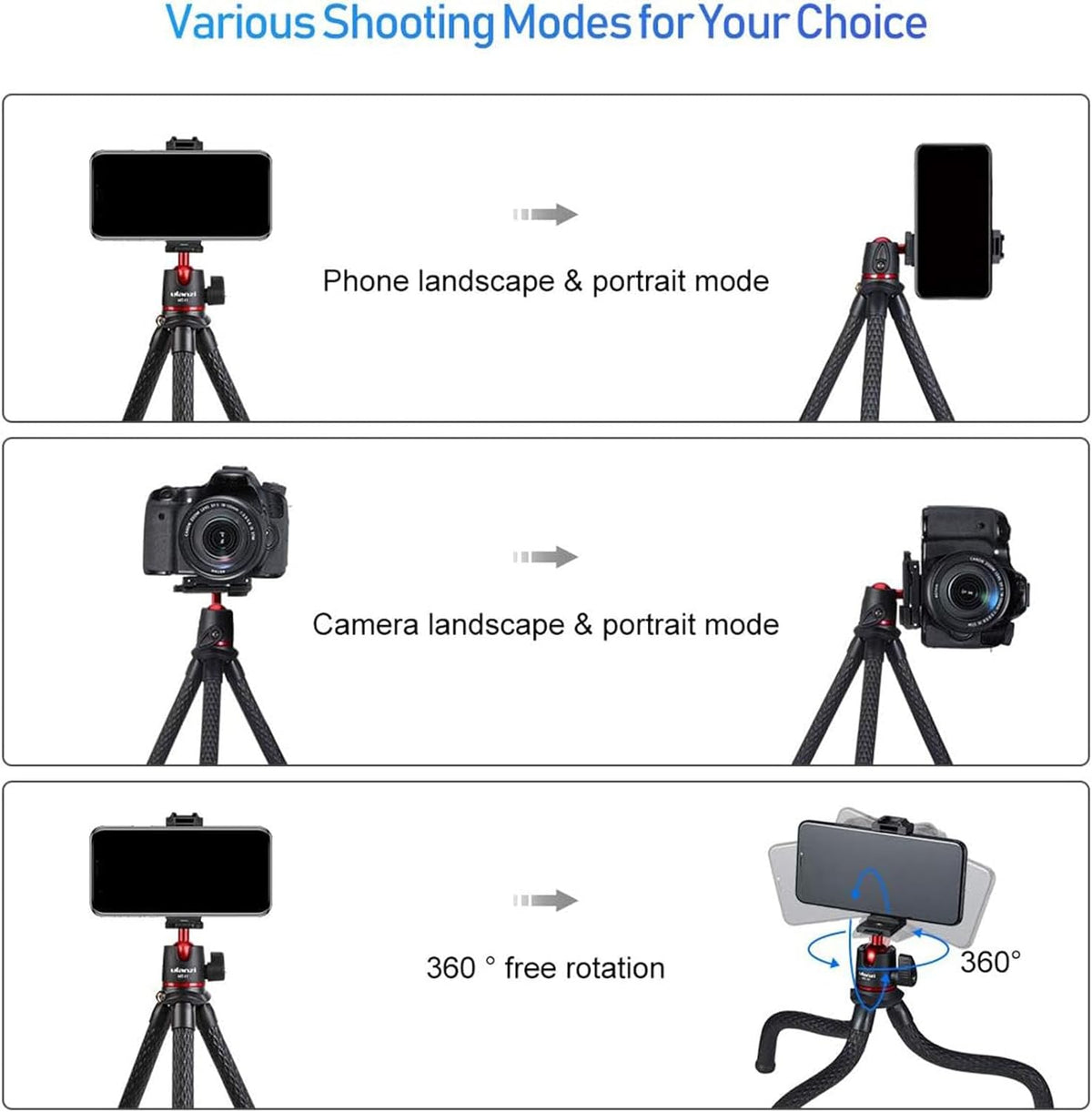 ULANZI Camera Tripod, Mini Flexible Stand w Hidden Phone Holder w Cold Shoe Mount, 1/4'' Screw f Magic Arm, Universal f iPhone 16 15 14 Pro Max XS Max X 8 Samsung Canon Nikon Sony DJ Pocket 3 Cameras