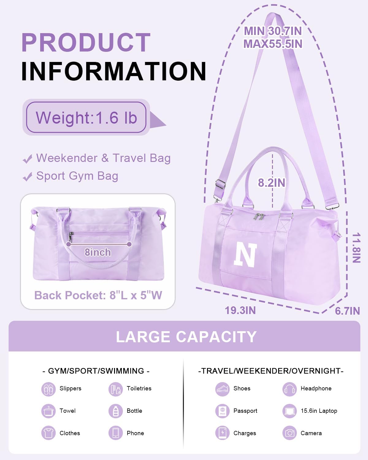 Daughter Niece Gifts for Teen Girl Kids, Initial Travel Duffel Bag Sports Gym Bag Personalized Gifts Weekender Bag，Monogram Overnight Bag Cute Dance Bag Birthday Bridesmaid Gifts for Women(Purple, N)