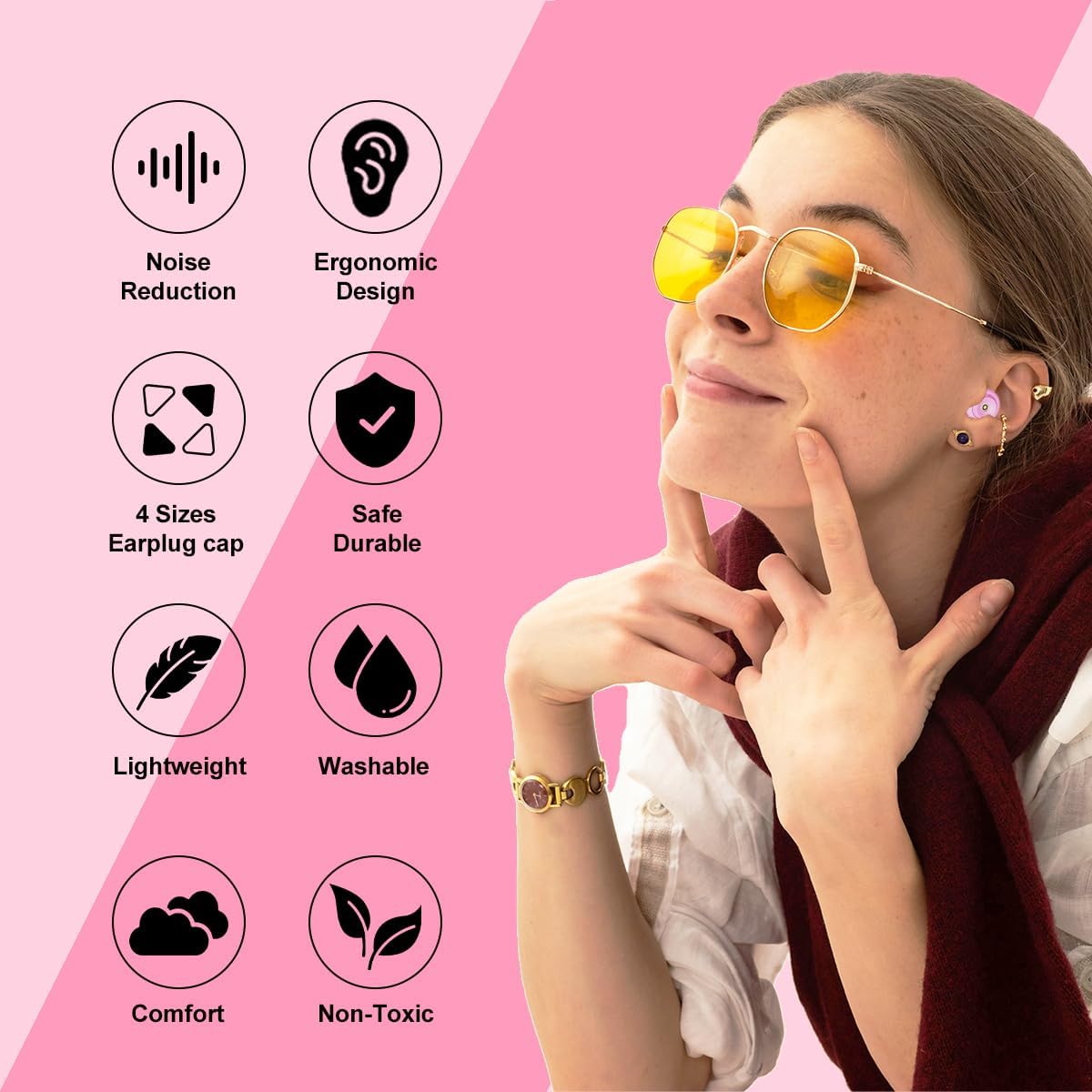 Ear Plugs for Sleeping Reusable Earplugs for Concerts Noise Cancelling Soft Silicone Noise Reduction Earbuds for Travel, Focus, Work 33-45dB Hearing Protection with 9 Ear Tips & Case (Pink)
