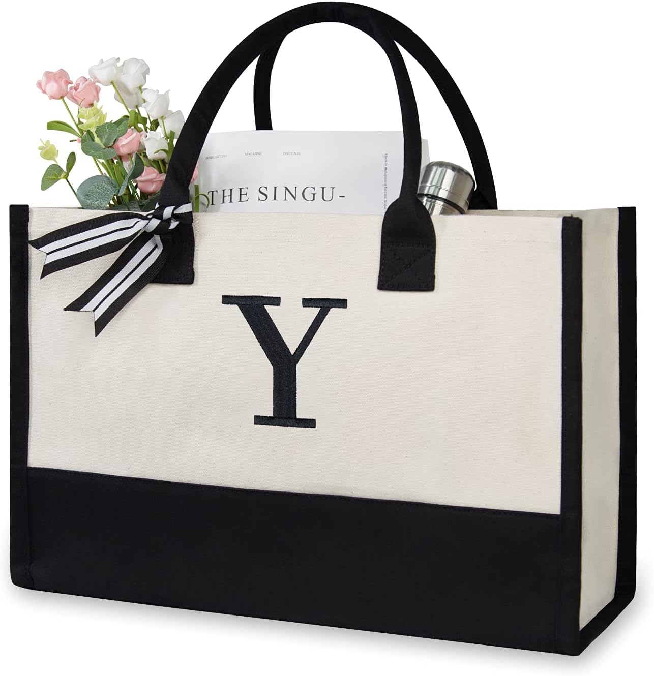 TOPDesign Embroidery Initial Canvas Tote Bag, Personalized Present Bag, Suitable for Wedding, Birthday, Beach, Holiday, is a Great Gift for Women, Mom, Teachers, Friends, Bridesmaids (Letter Y)