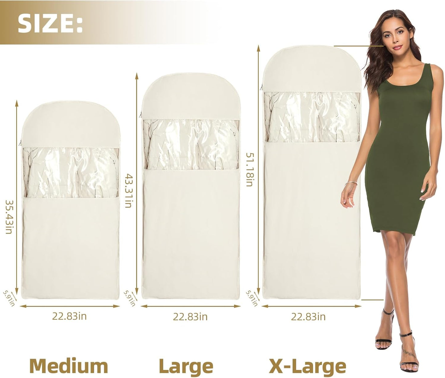 3 Packs Space Saving Garment Bag with Self Compression Zipper, Travel Suit Bags for Closet Storage, Hanging Garment Bag for Coats, Down Jackets (M+L+XL,Beige)