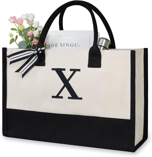 TOPDesign Embroidery Initial Canvas Tote Bag, Personalized Present Bag, Suitable for Wedding, Birthday, Beach, Holiday, is a Great Gift for Women, Mom, Teachers, Friends, Bridesmaids (Letter X)