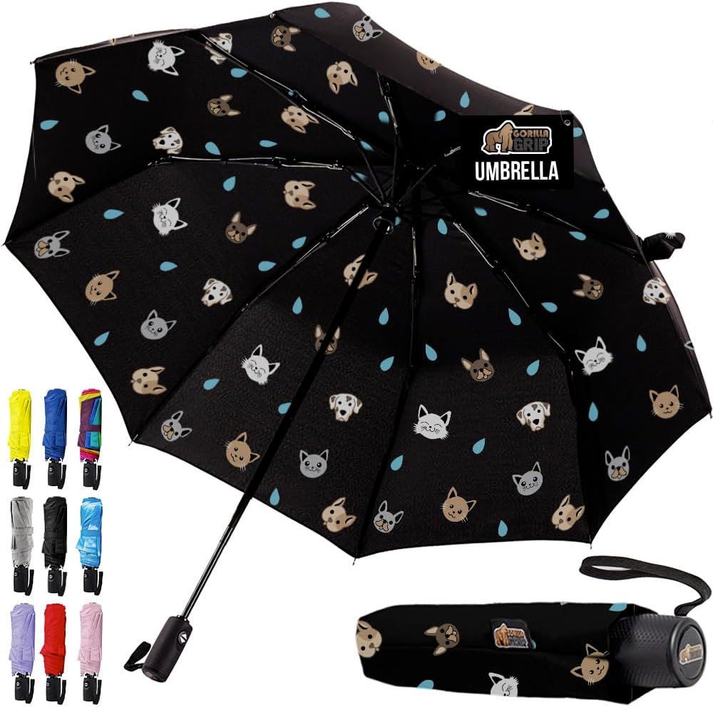 GORILLA GRIP Strong Stick Umbrella for Rain, Compact Travel One-Click Automatic Open Close, Lightweight, Portable, US Designed Reinforced Fiberglass Ribs, Wind Resistant, Easy Collapse, Cats Dogs