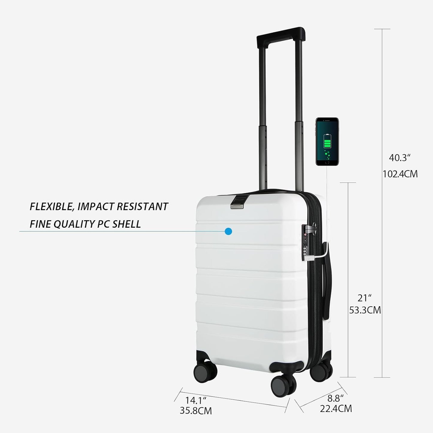 KROSER Hardside Expandable Carry On Luggage with Spinner Wheels & Built-in TSA Lock, Durable Suitcase Rolling Luggage with USB Port, Carry-On 20-Inch, White