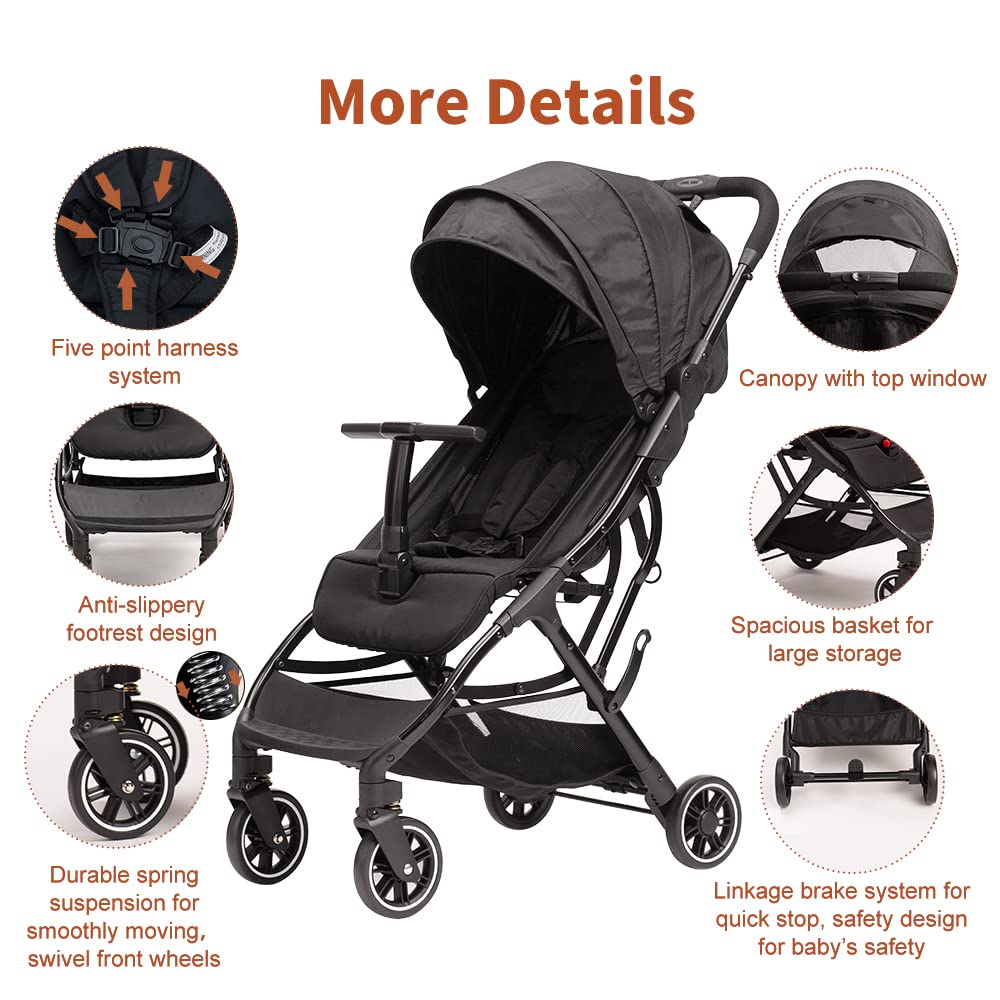 COOL KIDS Portable Stroller with Automatic Fold，Lightweight Umbrella Stroller with Pop Out Sun Canopy，Compact Strollers for Travel(Black)