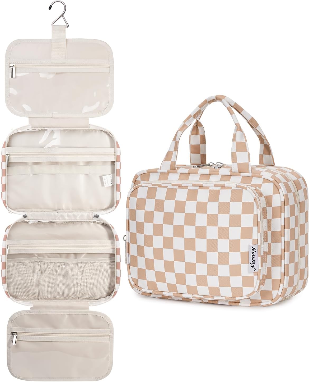 Narwey Hanging Toiletry Bag for Women Travel Makeup Bag Organizer Toiletries Bag for Travel Size Essentials Accessories Cosmetics (Light Checkerboard (Medium))