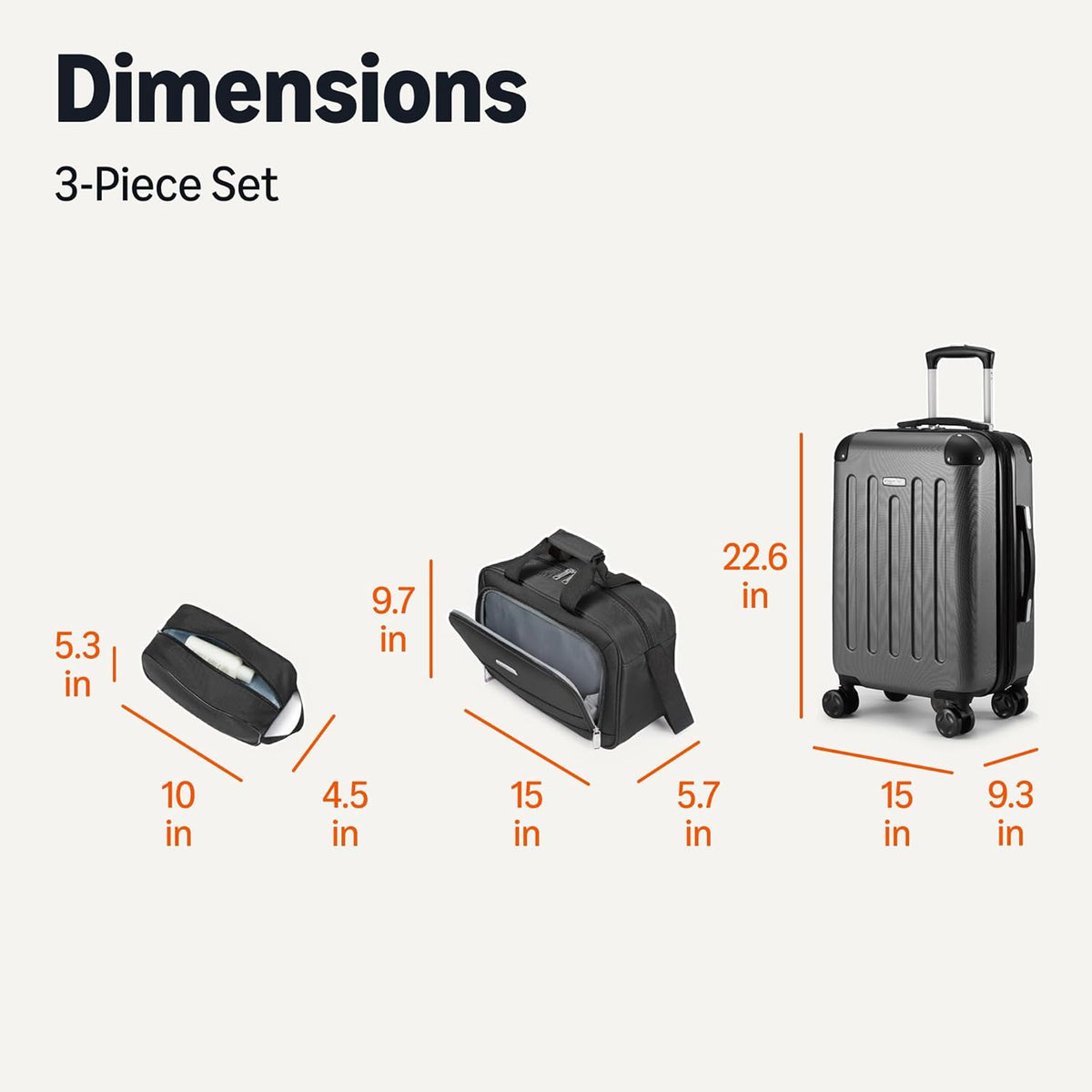 Amazon Basics 3-Piece Luggage Set, Including Carry-On Luggage (22" Expandable Hardside Suitcase With 8 Spinner Wheels), 15" Tote Bag, and 10" Compact Travel Bag, Black