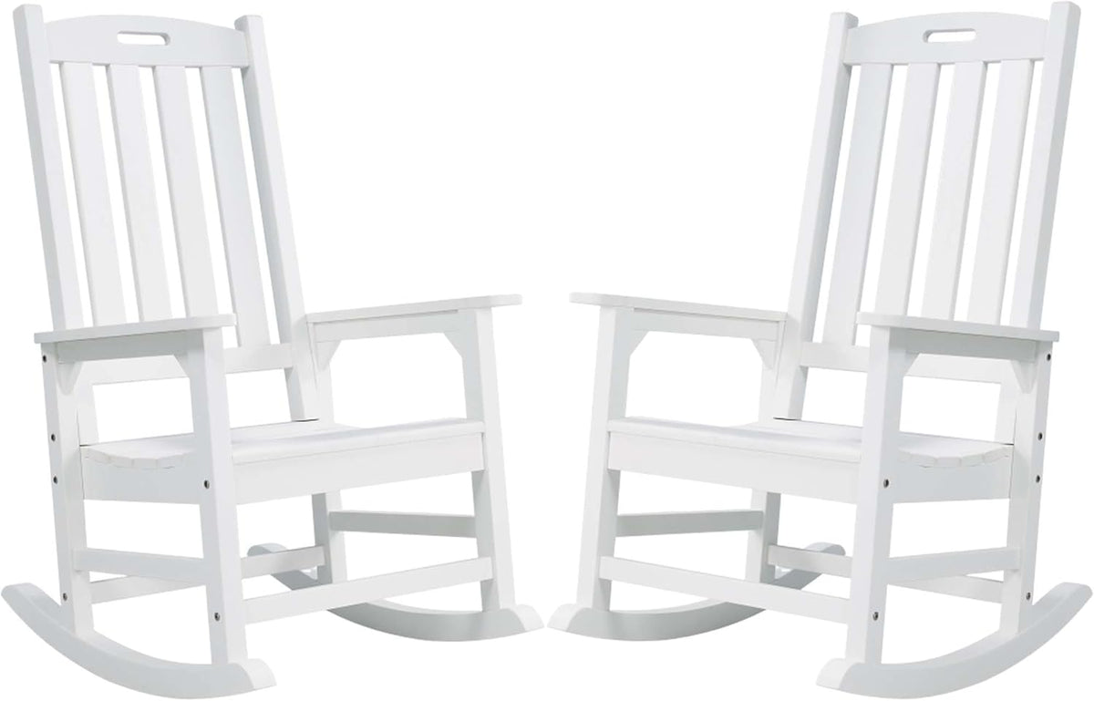 Psilvam Oversized Outdoor Rocking Chair Set of 2, Porch Rocker with 21" Wide Seat and 32" Tall Backrest, Pre-Assembled with Most Components for Effortless Installation (White)