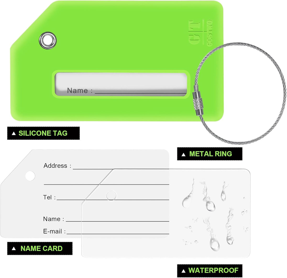 8 Pcs Luggage Tags for Suitcases, 26 Initial Letter Travel Luggage Baggage Identification Labels ID Tags Fully Bendable Tags with Stainless Steel Loop (Letter D, Green)