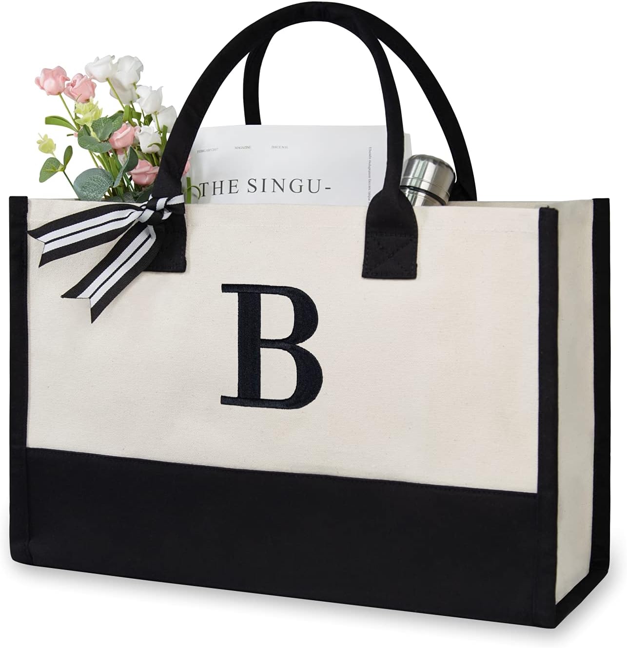 TOPDesign Embroidery Initial Canvas Tote Bag, Personalized Present Bag, Suitable for Wedding, Birthday, Beach, Holiday, is a Great Gift for Women, Mom, Teachers, Friends, Bridesmaids (Letter B)