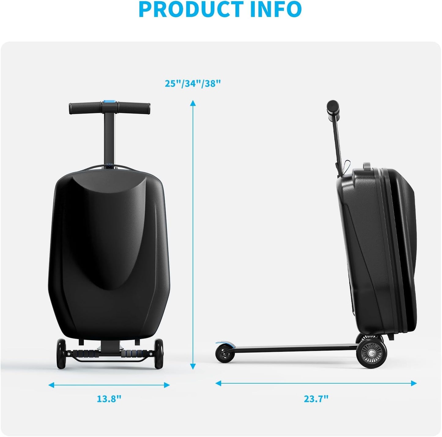 Scooter Hardshell Kids' Luggage, Foldable Carry on Kids Suitcase with Telescopic Handle for Travel, Multifunctional Ride On Lightweight Luggage with Wheels, Light Black