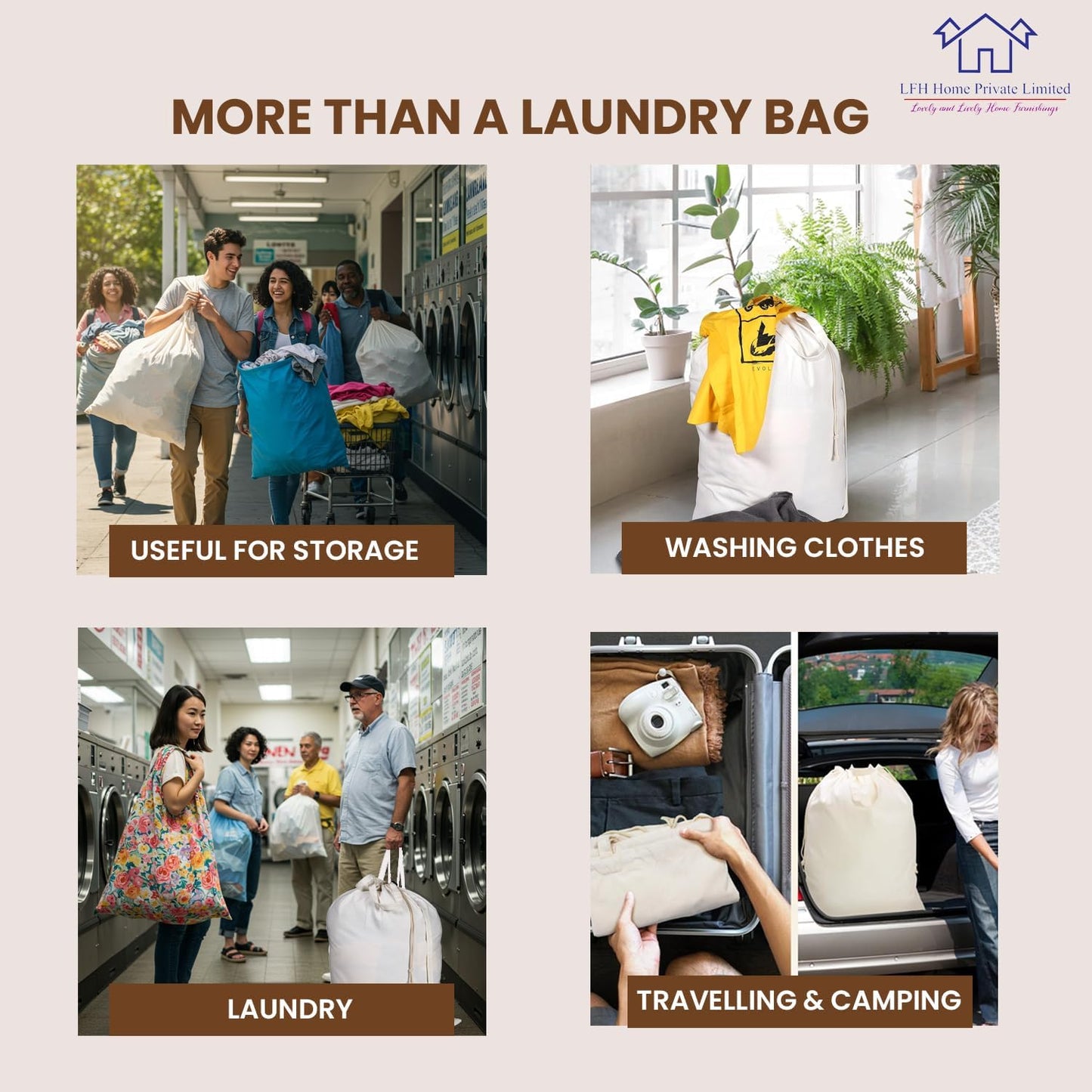 LFH Home Cotton Canvas Large Laundry Bag with Handle, Heavy Duty Drawstring Closure Washable Laundry Bags School Travel, Home, Hotel, College Dorm, Organizer Sack, Cloths 20x30-White, Thanks Giving