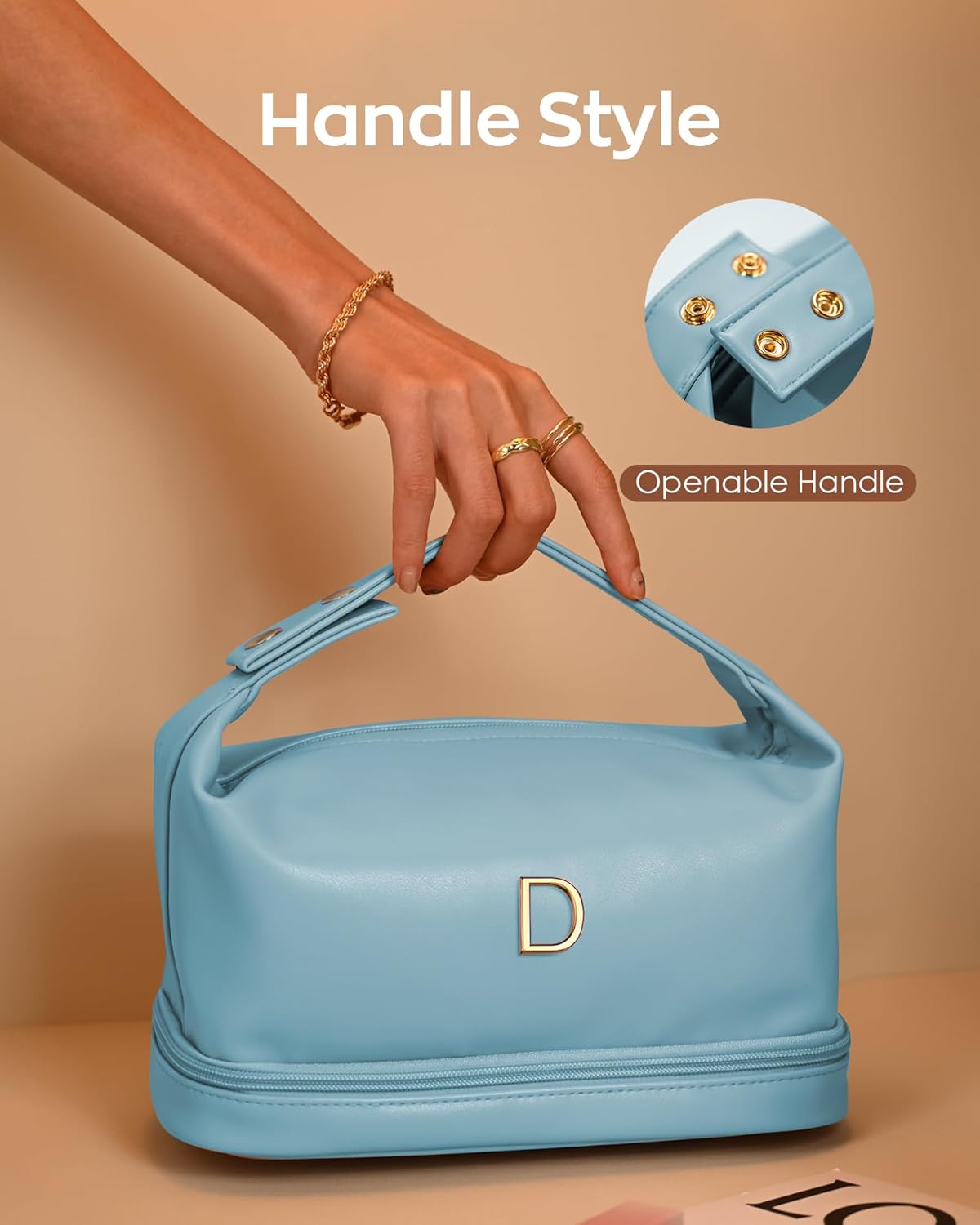Trendy Gifts for Women, Personalized Makeup Bag with Handle, Initial Double Layer Cosmetic Bag with Makeup Brush Organizer, Customized Gifts for Woman, Gifts for 20 Year Old Female