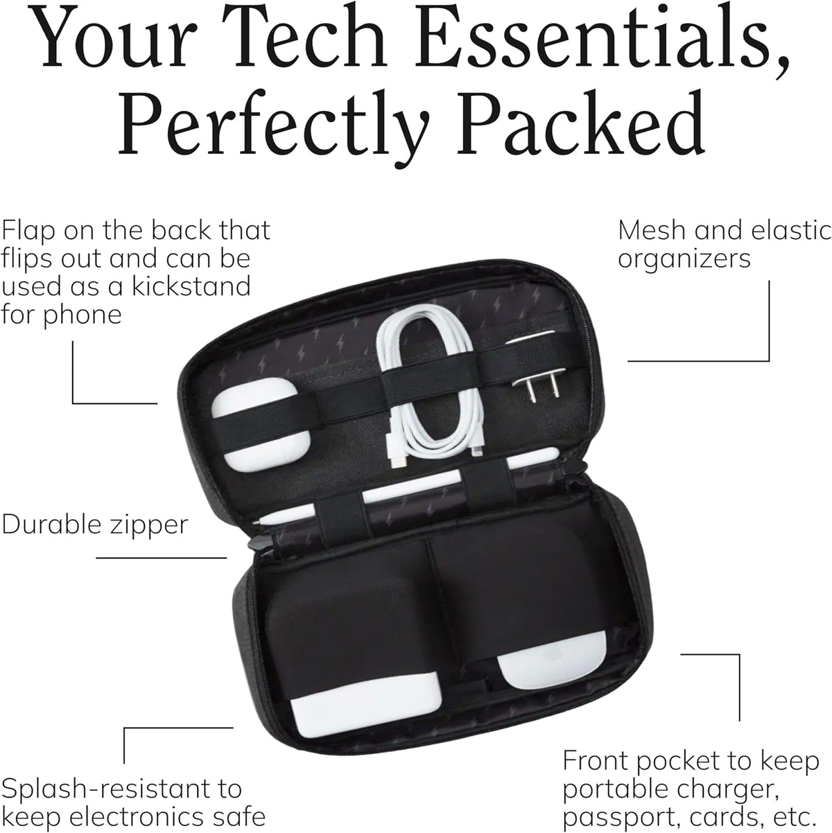 Halfday Sidekick Tech Organizer Kit | Flip-Out Kickstand for Phone/Tablet, Zip-Flat Pouch with Power Mesh & Elastic for Cable & Charger (Splash-Resistant Travel Electronics Accessories Case), Marine