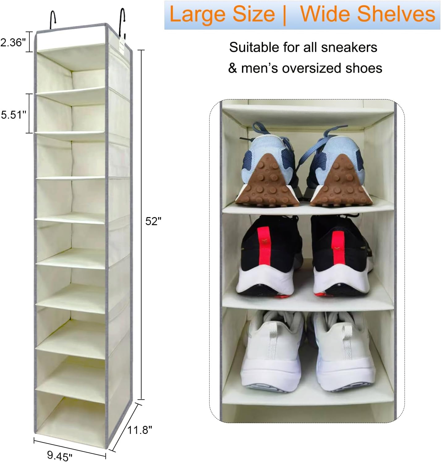 2 Pack Large-Sized Hanging Shoe Organizer 10-Shelf, Sturdy Hanging Closet Organizer with 8 Side Pockets, Wider Hanging Shelves for Storage Shoes Clothes Jeans Shirts Toys, Beige