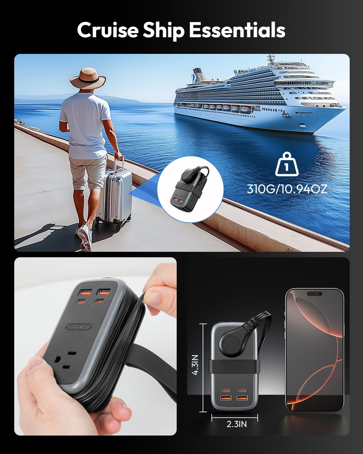 NTONPOWER GAN Ultra 65W USB Fast Charging Station, 7 in 1 Travel Power Strip with 3 Outlets 4 USB (2 USB C), Extension Cord 4ft, Travel Essentials, Cruise Power Strip Compatible with MacBook, iPhone