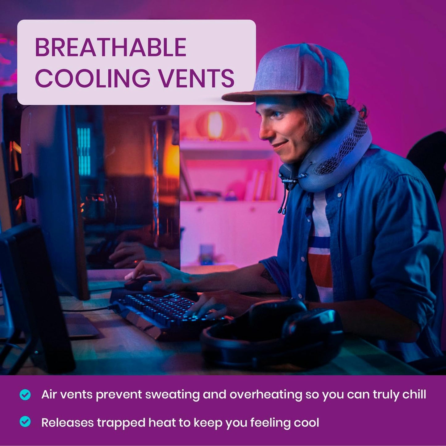 Cabeau Long Haul Flight Cooling Travel Neck Pillow – Evolution Cool – Supportive Memory Foam with Airflow Vents – Compact with Carrying Case (Purple)