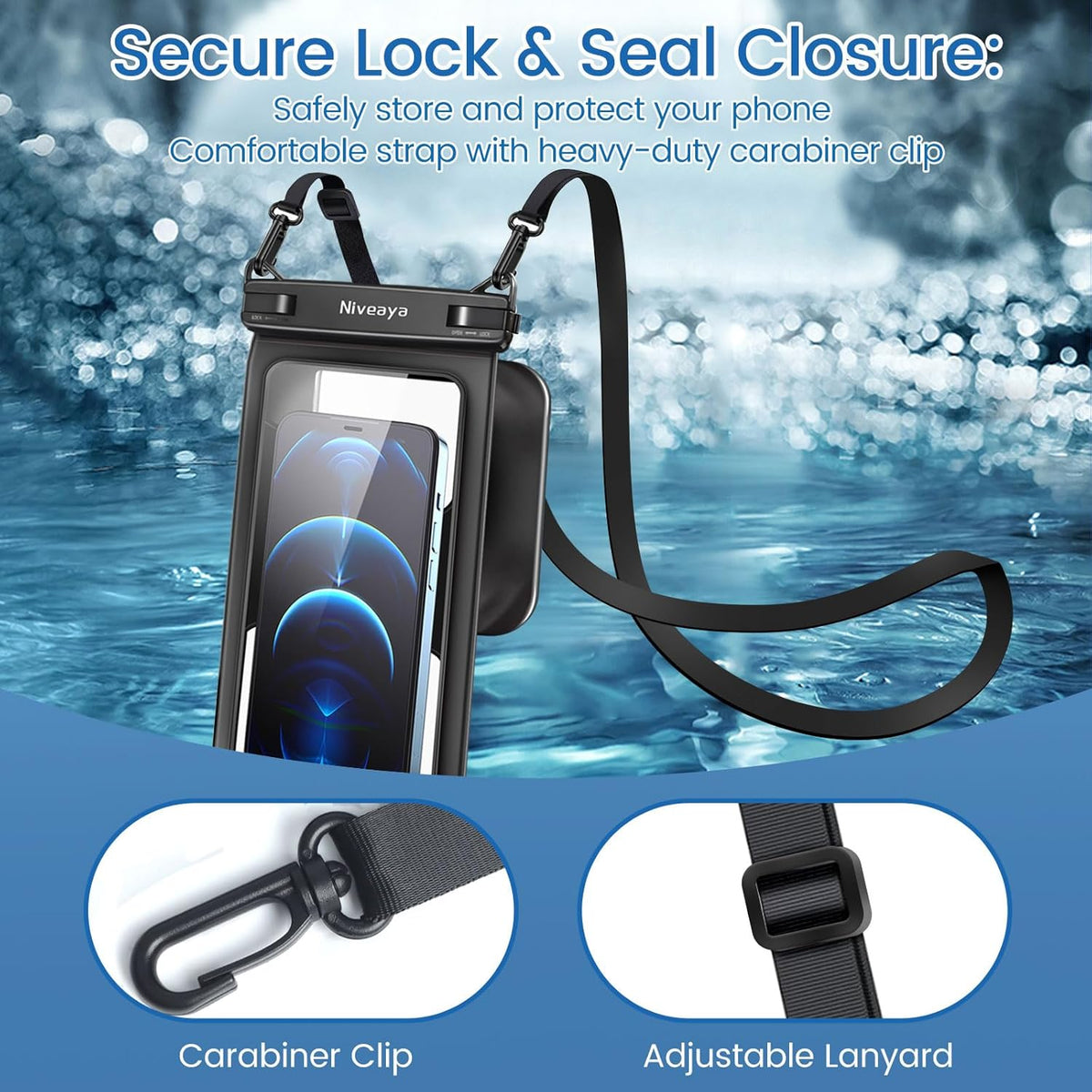 Niveaya 2 Pack IPX8 Waterproof Phone Pouch, Large Space Cell Phone Pouch Floating, Water Proof Phone Case with Lanyard, Phone Dry Bag Beach Cruise Ship Essentials(Up to 8.5")