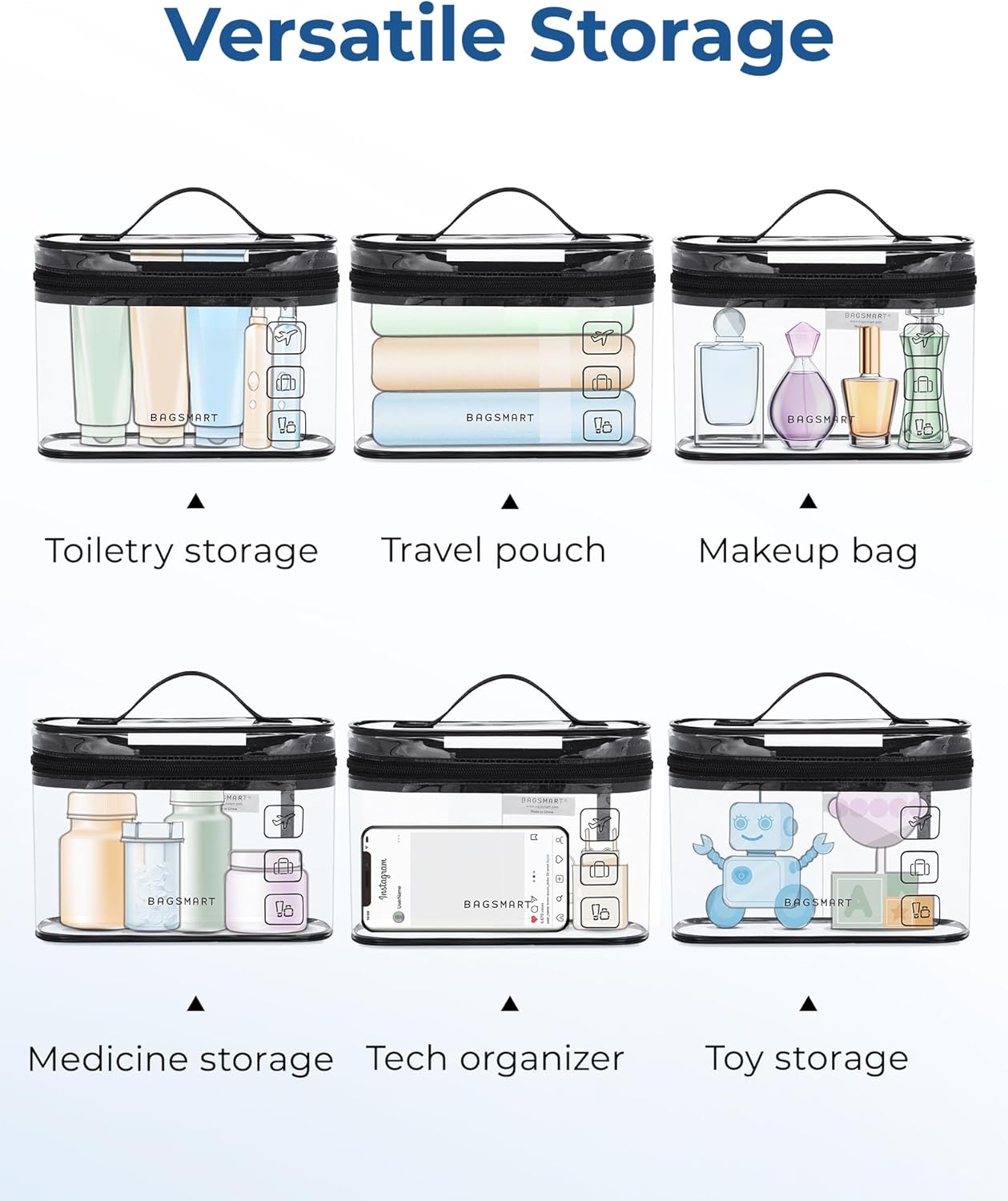 BAGSMART TSA Approved Toiletry Bag, 2 Pack Clear Makeup Cosmetic Bag Organizer, Quart Size Travel Bag for Toiletries, Carry-on Travel Accessories Essentials, Pink-2pcs
