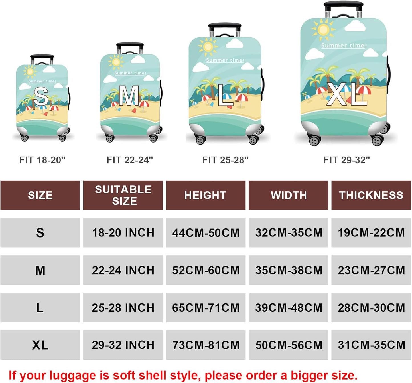 WUJIAONIAO Travel Luggage Cover Baggage Suitcase Cover Protector Skins 18-32 Inch (Beach, M (for 22-24 inch luggage))