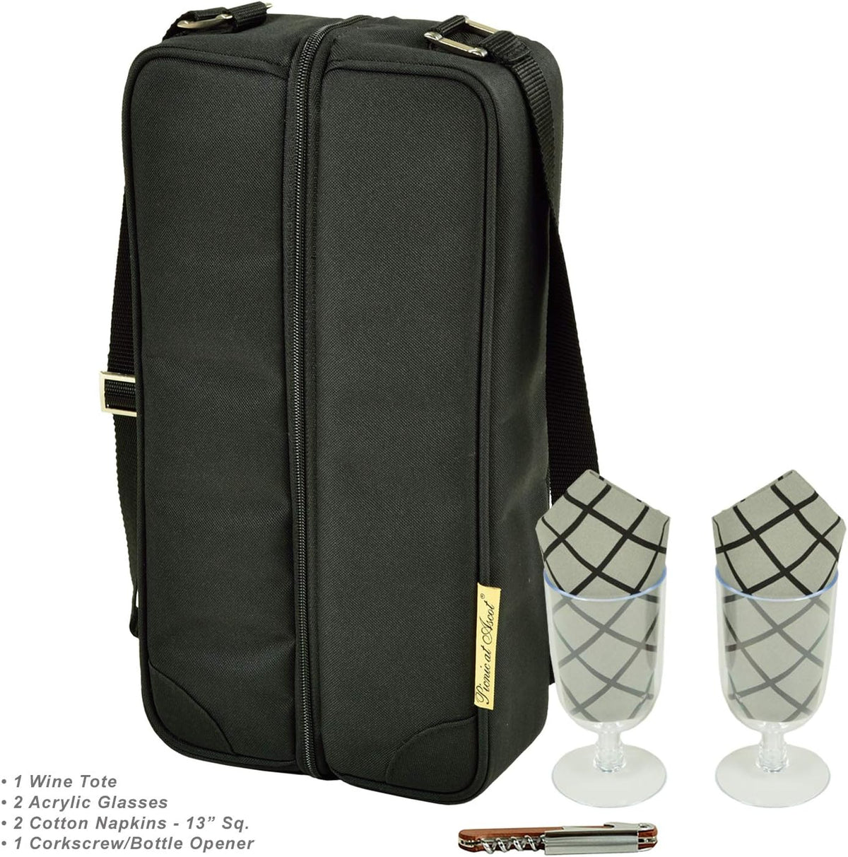 Picnic at Ascot Insulated Wine Tote with 2 Wine Glasses, Napkins and Corkscrew -Designed & Assembled in the USA
