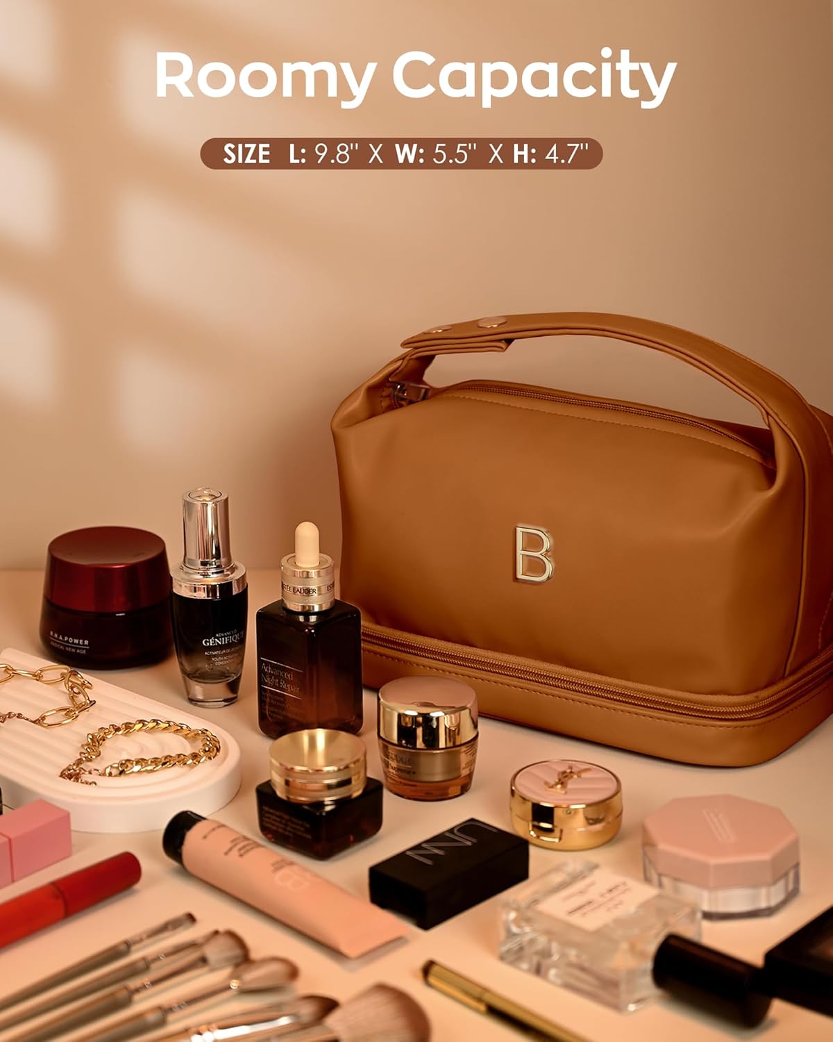 Gifts for Women 40s, Personalized Makeup Bag with Handle, Initial Double Layer Cosmetic Bag with Makeup Brush Organizer, Cute Cosmetic Pouch for Women, Gifts for Friends Female Mom