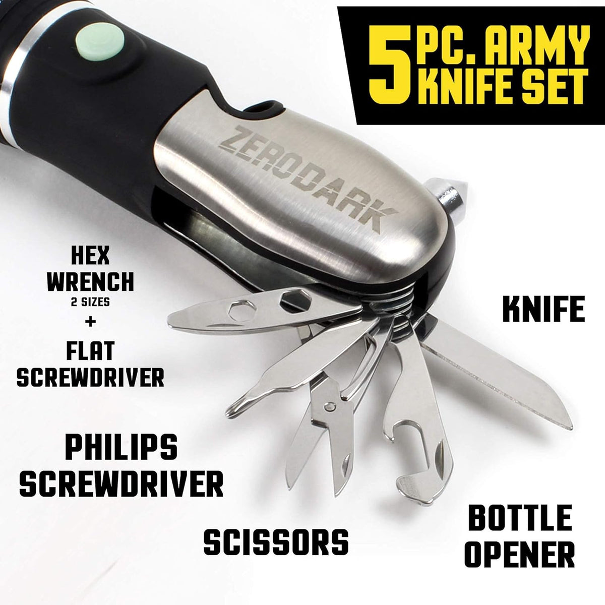ZeroDark Pocket Knife Flashlight Multitool Emergency Car Kit with Car Window Breaker Seatbelt Cutter - 10-in-1 Car Escape Tool with Swiss Army Knife, Batteries Included