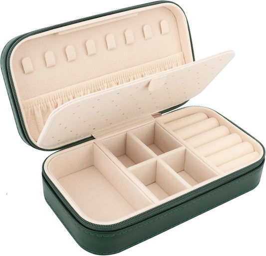 DesignSter Travel Jewelry Box, PU Leather Portable Jewelry Case, Small Jewelry Boxes for Gifts, Travel Jewelry Organizer for Women Rings Earrings Necklaces Bracelets (Dark Green)