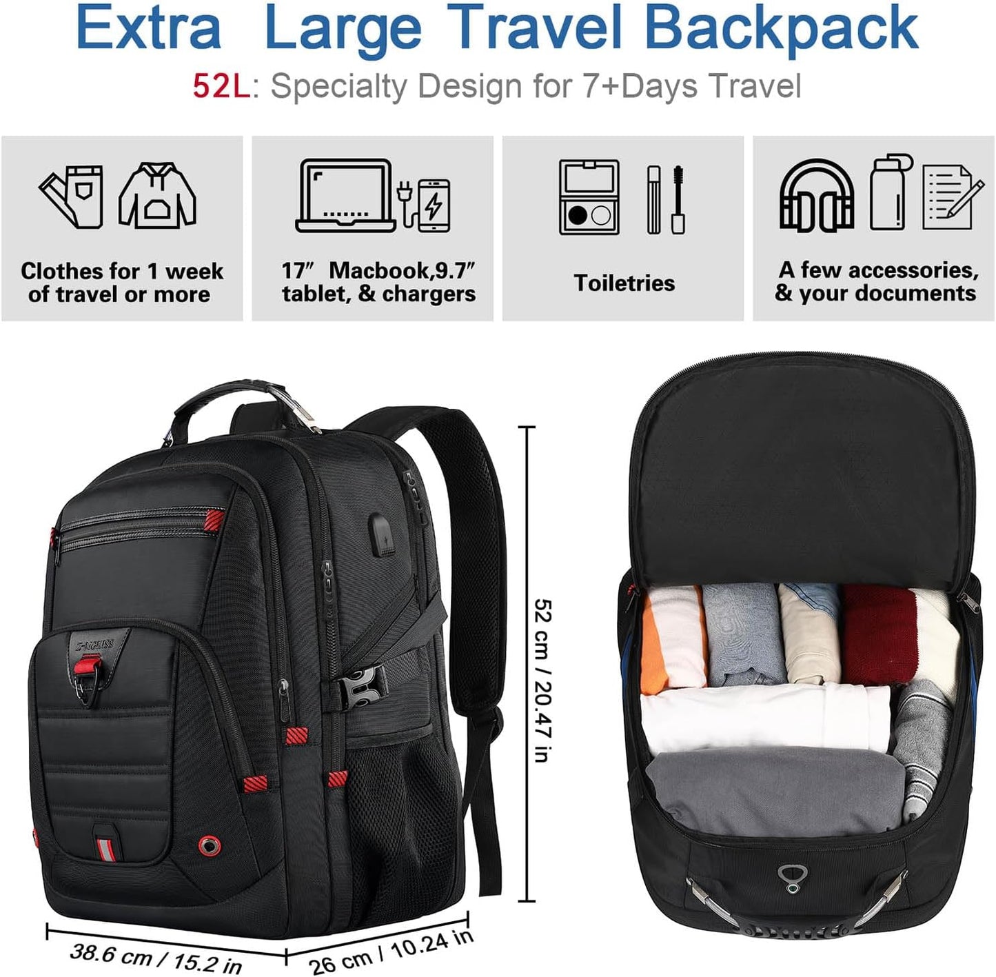 Z-MGKISS Extra Large Travel Backpack, 52L TSA Backpack 17.3 Inch, Anti-Theft 17 Inch Big Business Laptop Backpack for Men & Women, Water Resistant College Rucksack Bag with USB Port, Black