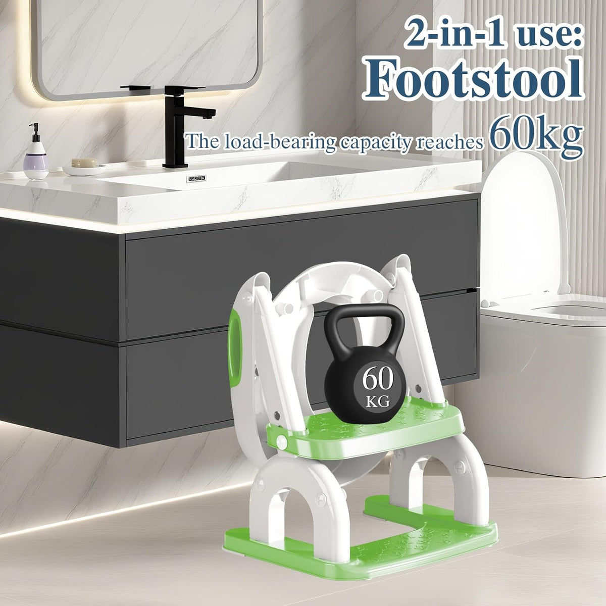 Potty Training Seat for Toddlers, Adjustable Height 2-in-1 Potty Training Toilet Ladder for Kids Boys Girls with Splash Guard, Waterproof Cushion, Anti-Slip Pad Step Stoo - Green