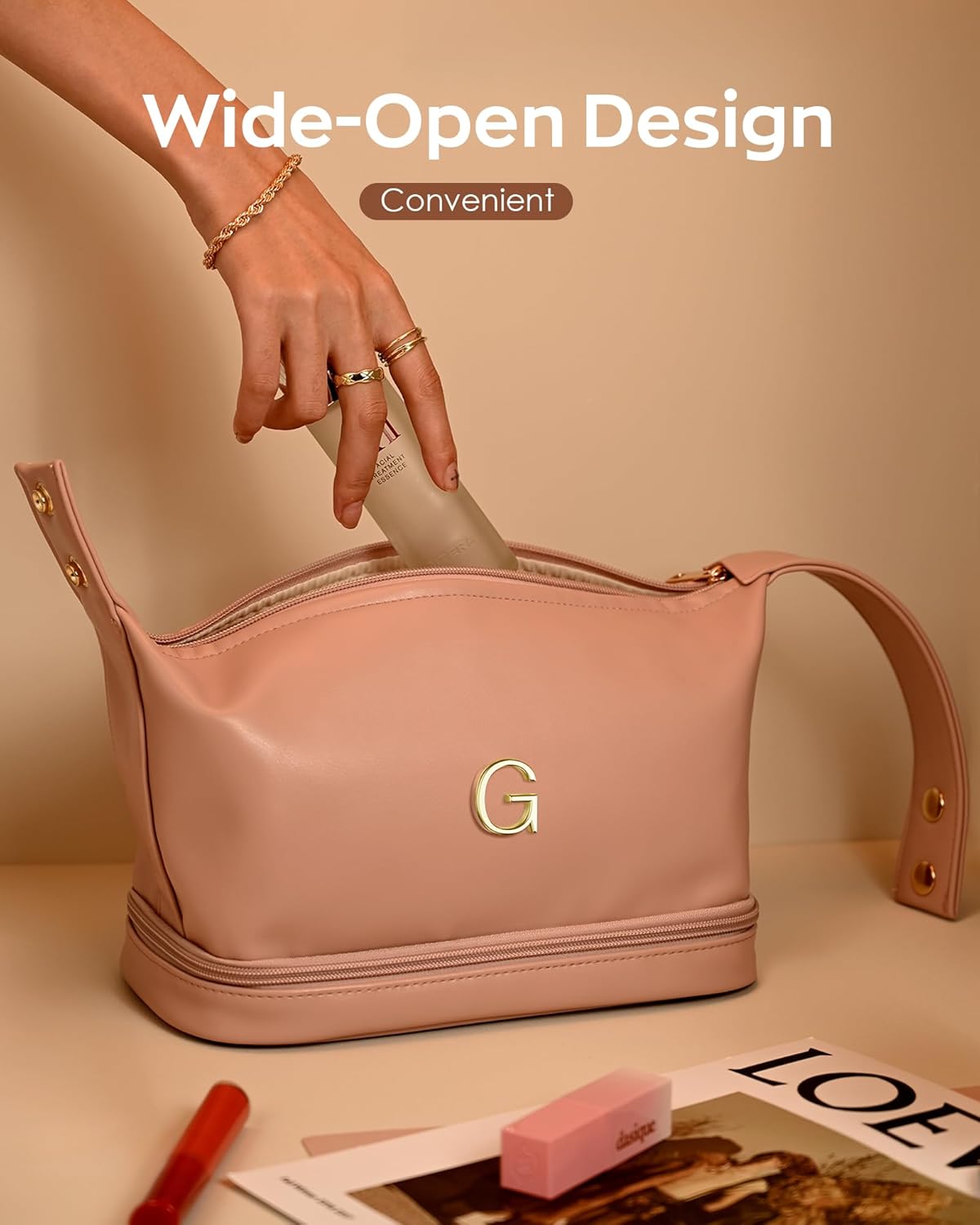 Customized Gifts-Women Gifts, Personalized Makeup Bag with Handle, Initial Double Layer Cosmetic Bag with Makeup Brush Organizer, PU Leather Travel Toiletry Bag, Gifts for Friends Female Mom